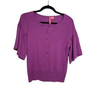 Charlotte - Short Sleeve Cardigan- Fuchsia w/Rainbow Sparkle Buttons - Angora